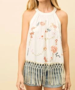 Mystree Tassel Bottom Embroidered Halter Top in Cream - women