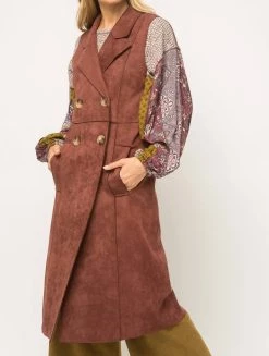 Mystree Faux Suede Long Double Breasted Vest in Burgundy - women