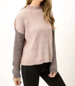 Mystree Mock Neck Colorblock Sweater in Rose Grey Mix - women