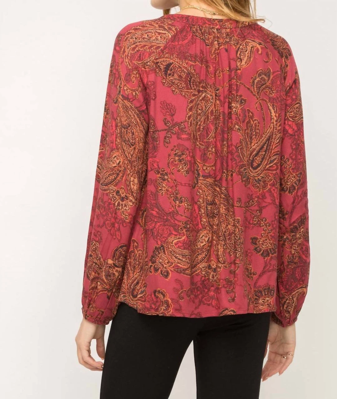 Mystree Smocked Neck Tassel Tie Peasant Blouse in Burgundy Paisley Print - women 2 Mystree Smocked Neck Tassel Tie Peasant Blouse in Burgundy Paisley Print - women - Image 2