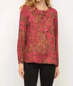 Mystree Smocked Neck Tassel Tie Peasant Blouse in Burgundy Paisley Print - women