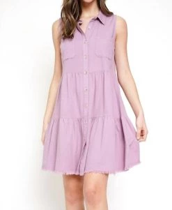 Mystree Mollie Washed Cotton Tiered Shirt Dress in Lavender - women