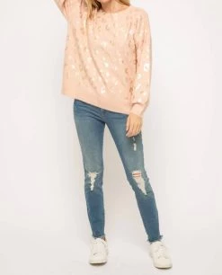 Mystree Shiny Gold Leopard Sweater in Blush - women