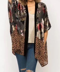 Mystree Leopard And Rose Burnout Velvet Kimono in Multi - women