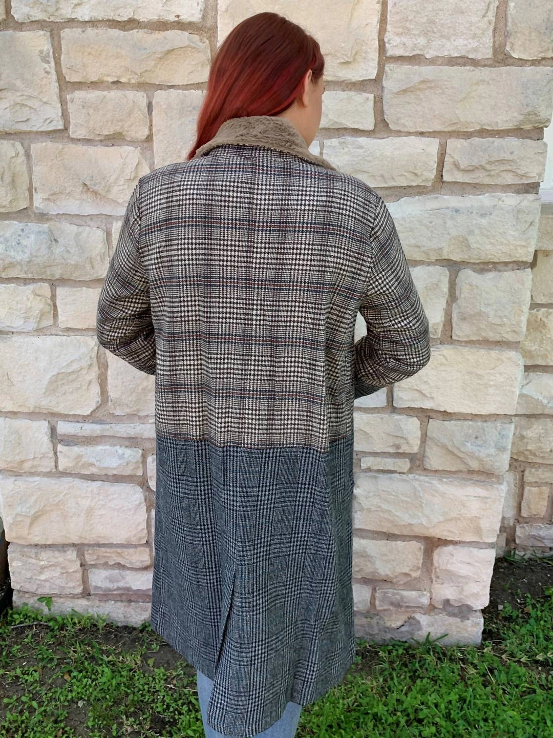 Mystree Plaid Fur Collar Coat in Taupe/Grey - women 2 Mystree Plaid Fur Collar Coat in Taupe/Grey - women - Image 2