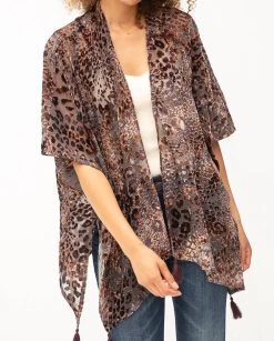 Mystree Burnout Velvet Leopard Kimono in Brown - women