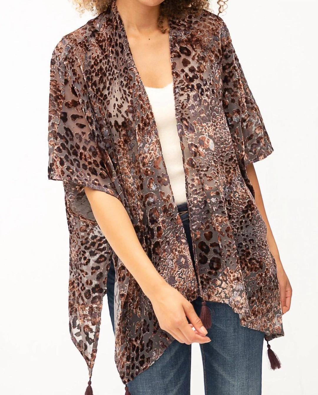Mystree Burnout Velvet Leopard Kimono in Brown - women 1 Mystree Burnout Velvet Leopard Kimono in Brown - women