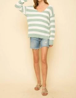 Mystree Knotted Back Stripe Sweater in Mint - women
