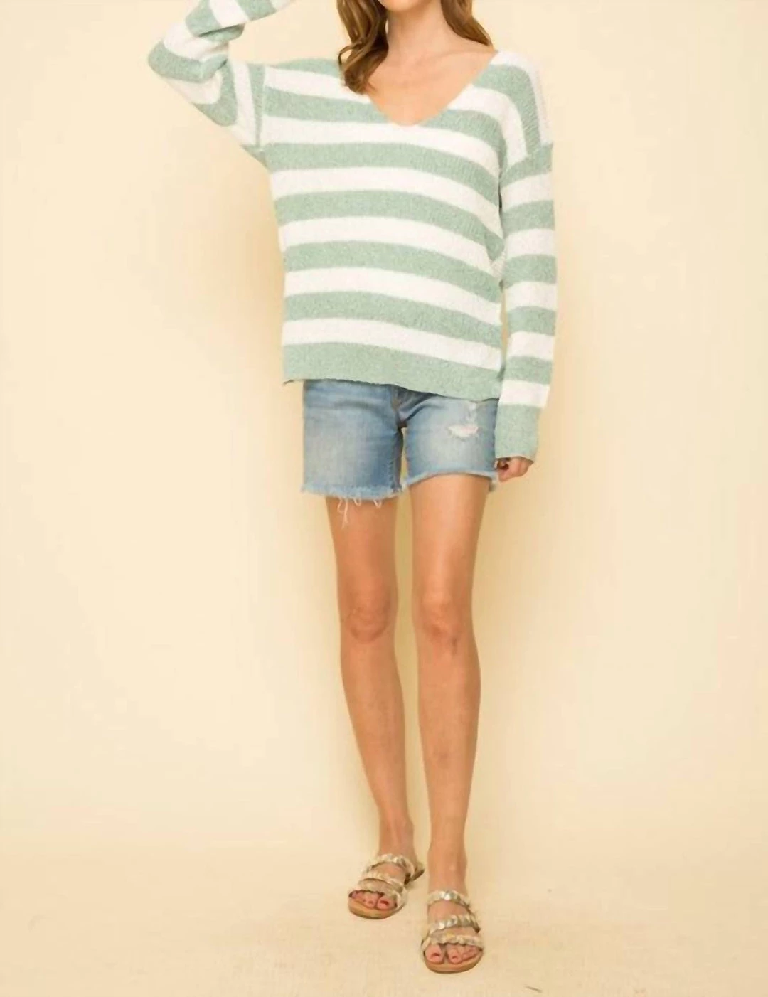Mystree Knotted Back Stripe Sweater in Mint - women 1 Mystree Knotted Back Stripe Sweater in Mint - women